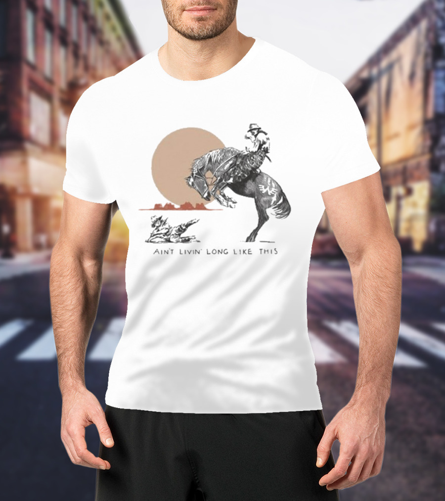 Waylon Jennings Ain’t Livin’ Long Like This Cowboy Rodeo Moon Scene T-Shirt