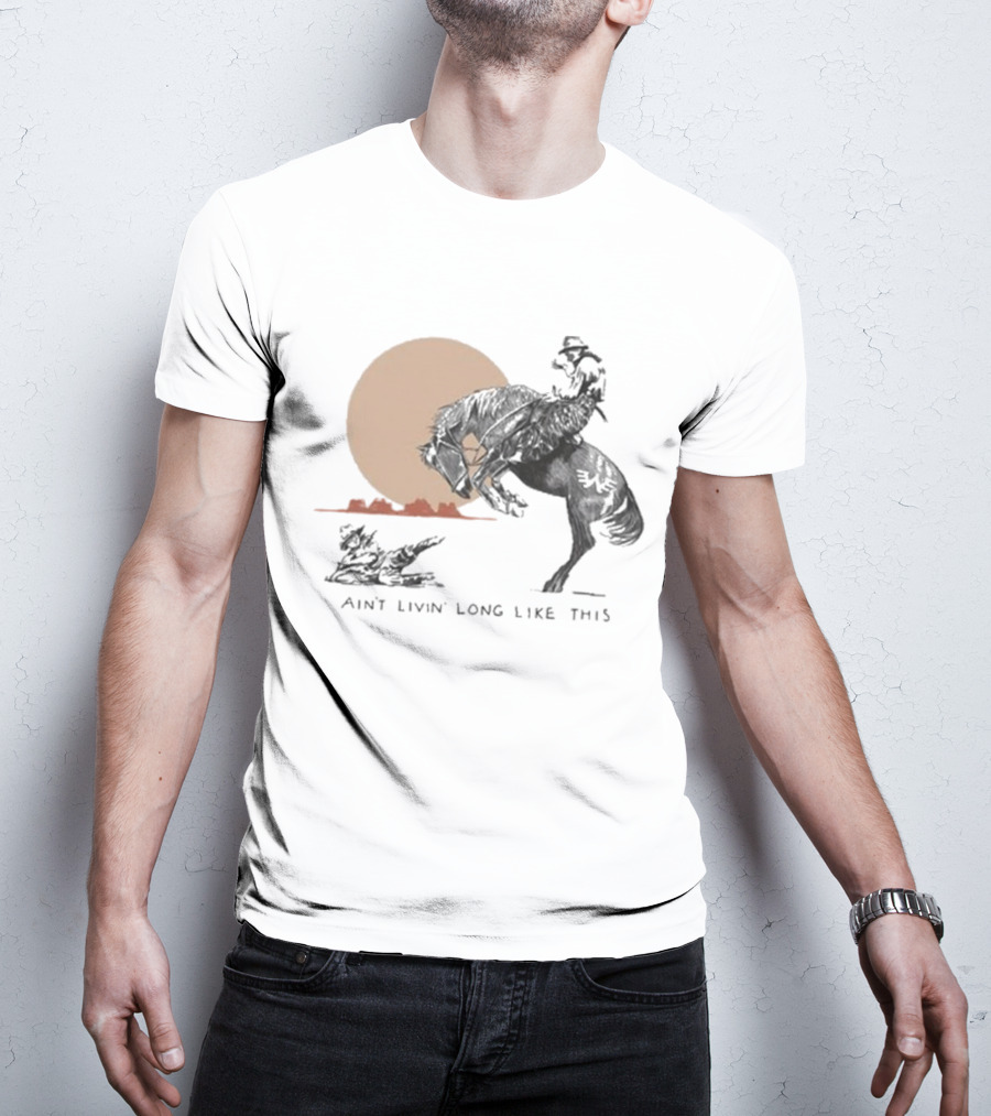 Waylon Jennings Ain’t Livin’ Long Like This Cowboy Rodeo Moon Scene T-Shirt