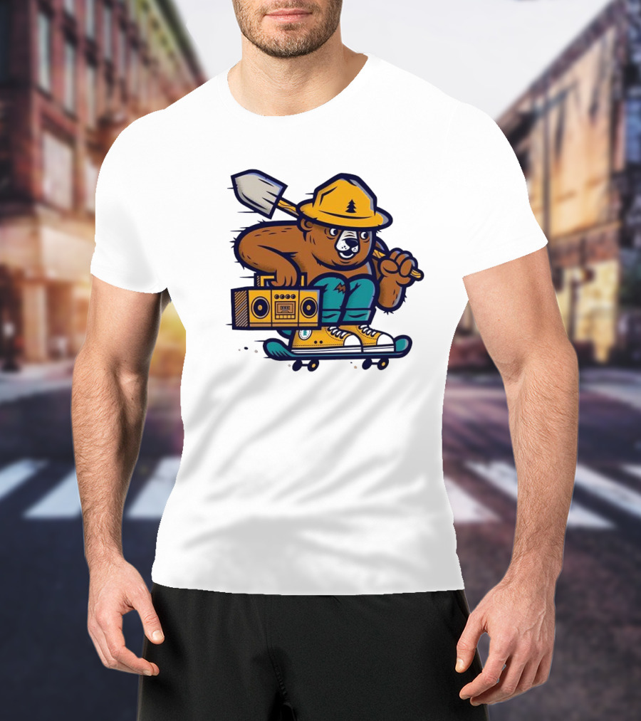 ```Wildfire Relief Bear Skateboarding With Boombox And Shovel``` T-Shirt
