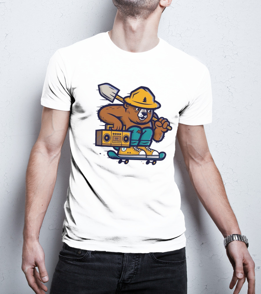 ```Wildfire Relief Bear Skateboarding With Boombox And Shovel``` T-Shirt