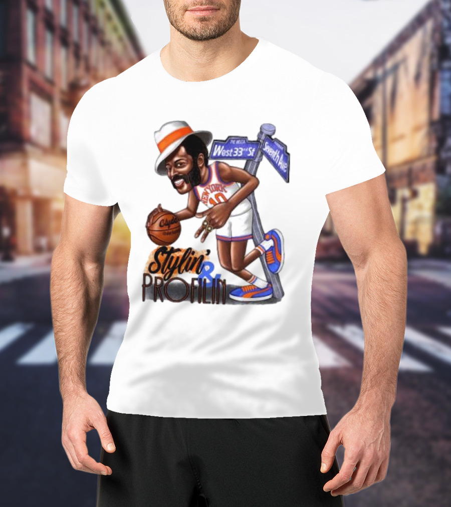 West 33rd St Seventh Ave Clyde Stylin Profilin New York Knicks Walt Frazier T-Shirt