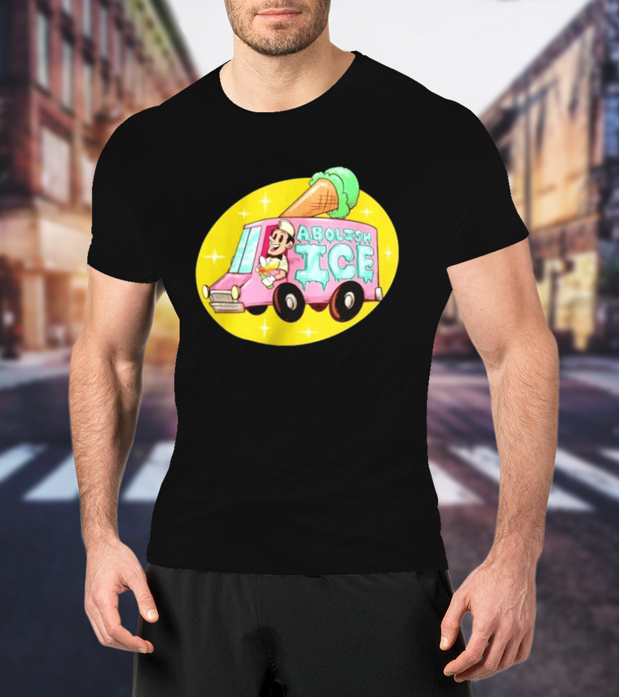 Abolish Ice Pink Ice Cream Truck With Melting Cone On Yellow T-Shirt