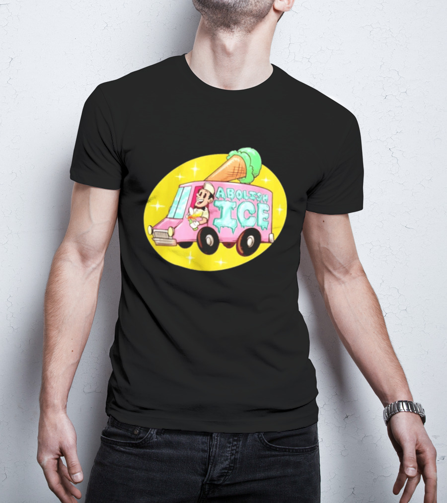 Abolish Ice Pink Ice Cream Truck With Melting Cone On Yellow T-Shirt