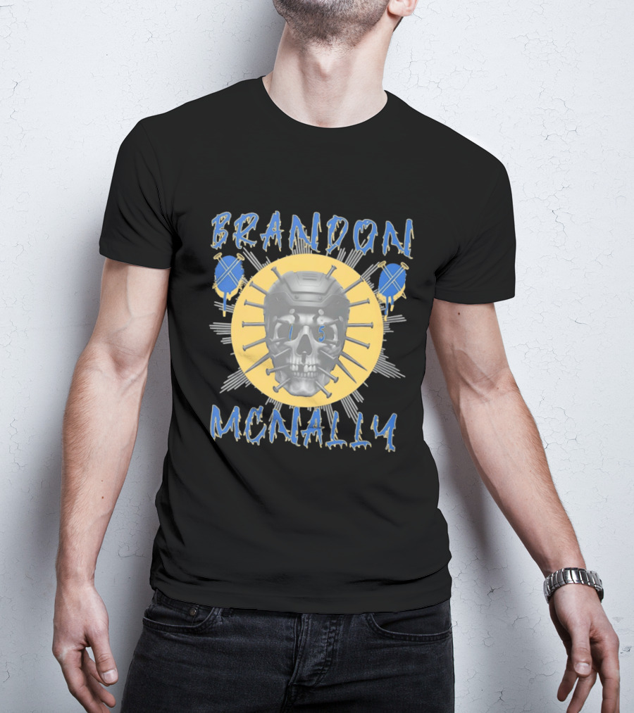 Brandon McNally Hockey Skull 15 Helmet Nails Blue Yellow T-Shirt