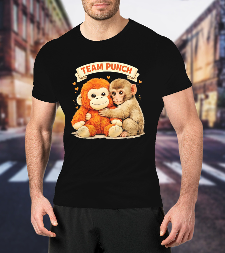 Team Punch Cute Baby Monkey Hugging Orange Plush Toy Charming Japanese Style Hearts T-Shirt