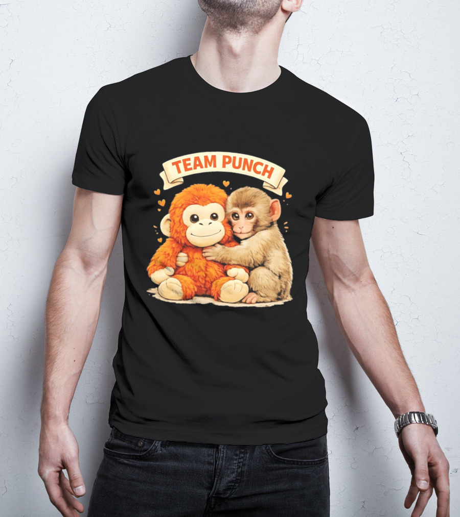 Team Punch Cute Baby Monkey Hugging Orange Plush Toy Charming Japanese Style Hearts T-Shirt