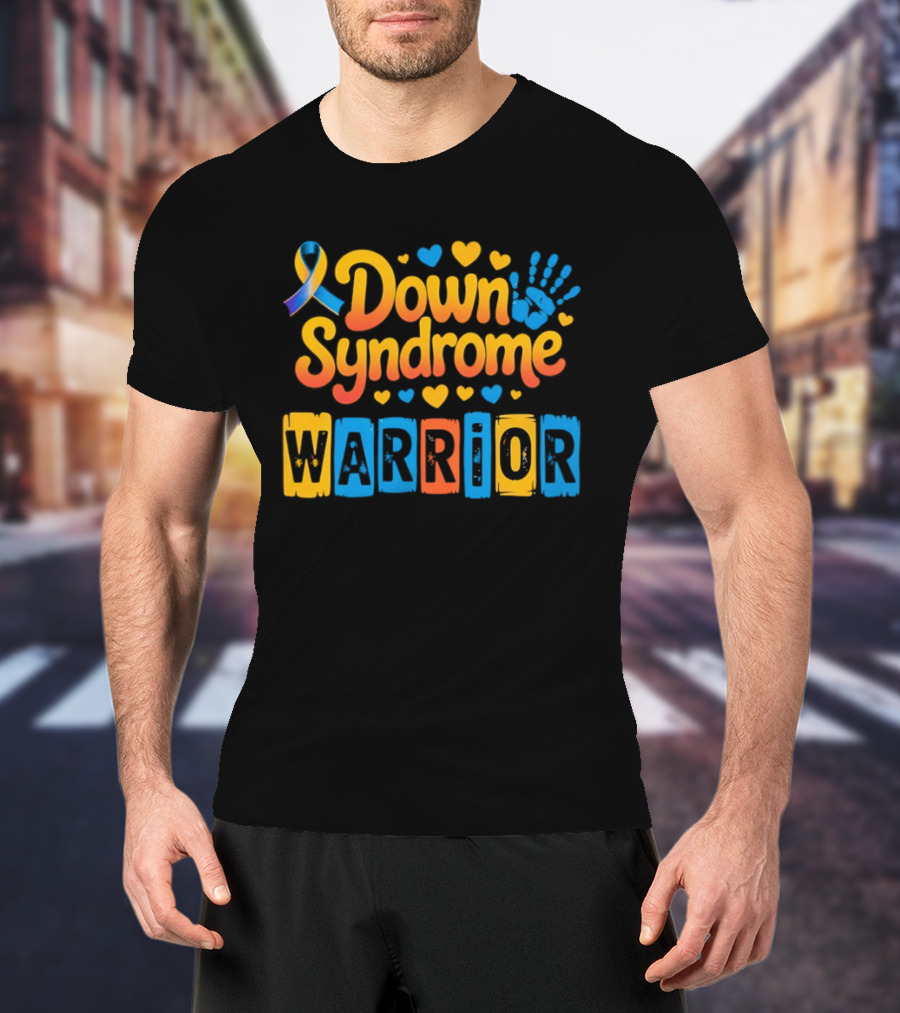 Down Syndrome Warrior Ribbon Handprint Hearts T-Shirt
