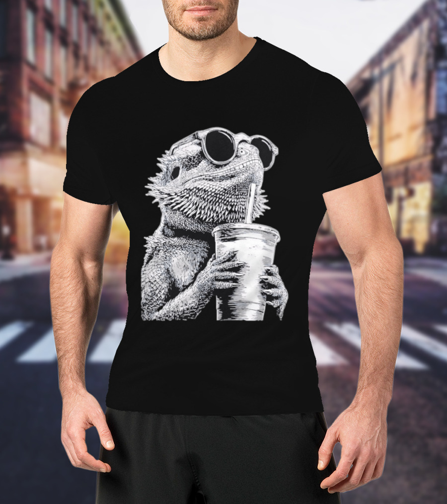 Bearded Dragon With Sunglasses Drinking Iced Coffee T-Shirt