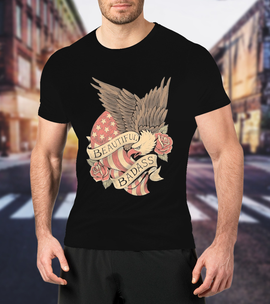 Beautiful Badass Eagle With American Flag And Roses T-Shirt