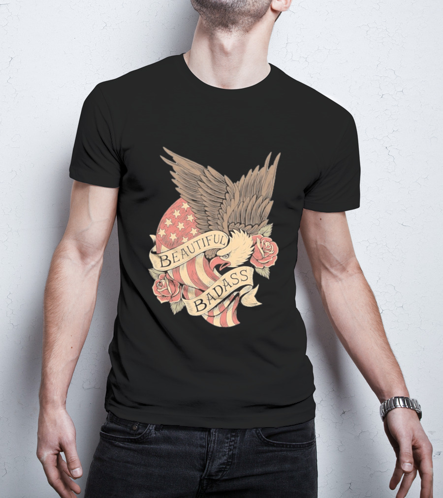 Beautiful Badass Eagle With American Flag And Roses T-Shirt