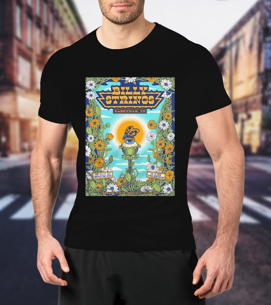 Billy Strings Nashville TN Bridgestone Arena Ryman Auditorium February 2026 Butterfly Flowers T-Shirt