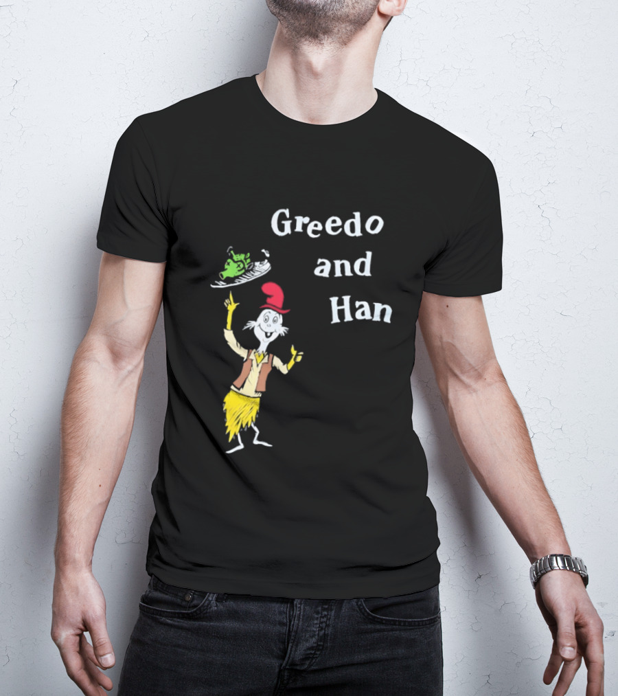 Greedo And Han Whimsical Cartoon Character Balancing Act T-Shirt