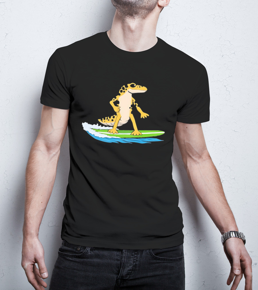Leopard Gecko Yellow Lizard Riding Surfboard T-Shirt