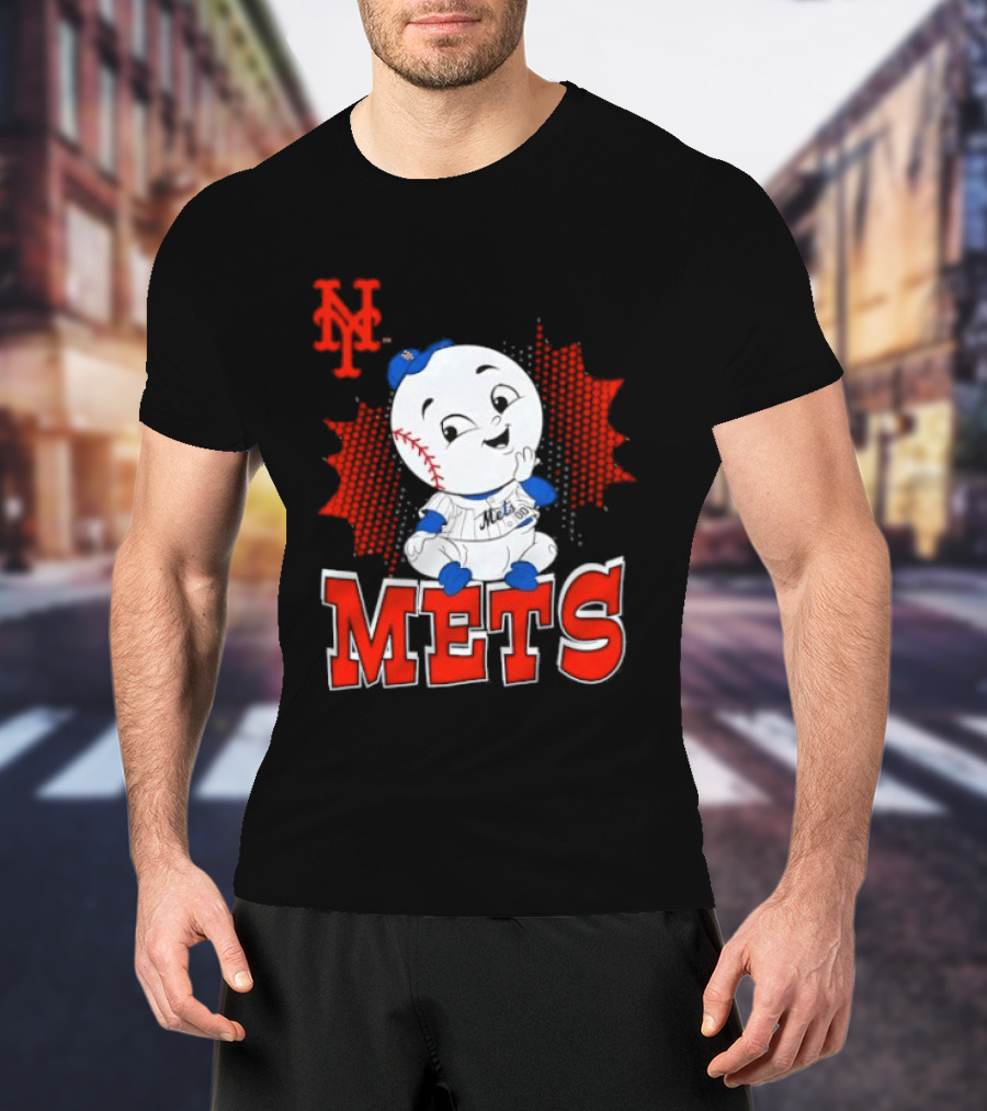 NY Mets Mr. Met Cartoon Character With Baseball And Team T-Shirt