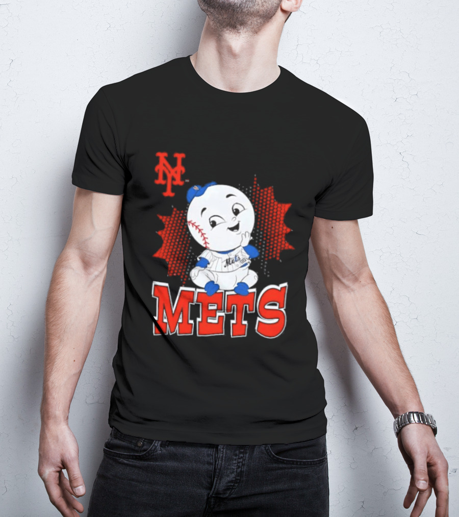 NY Mets Mr. Met Cartoon Character With Baseball And Team T-Shirt