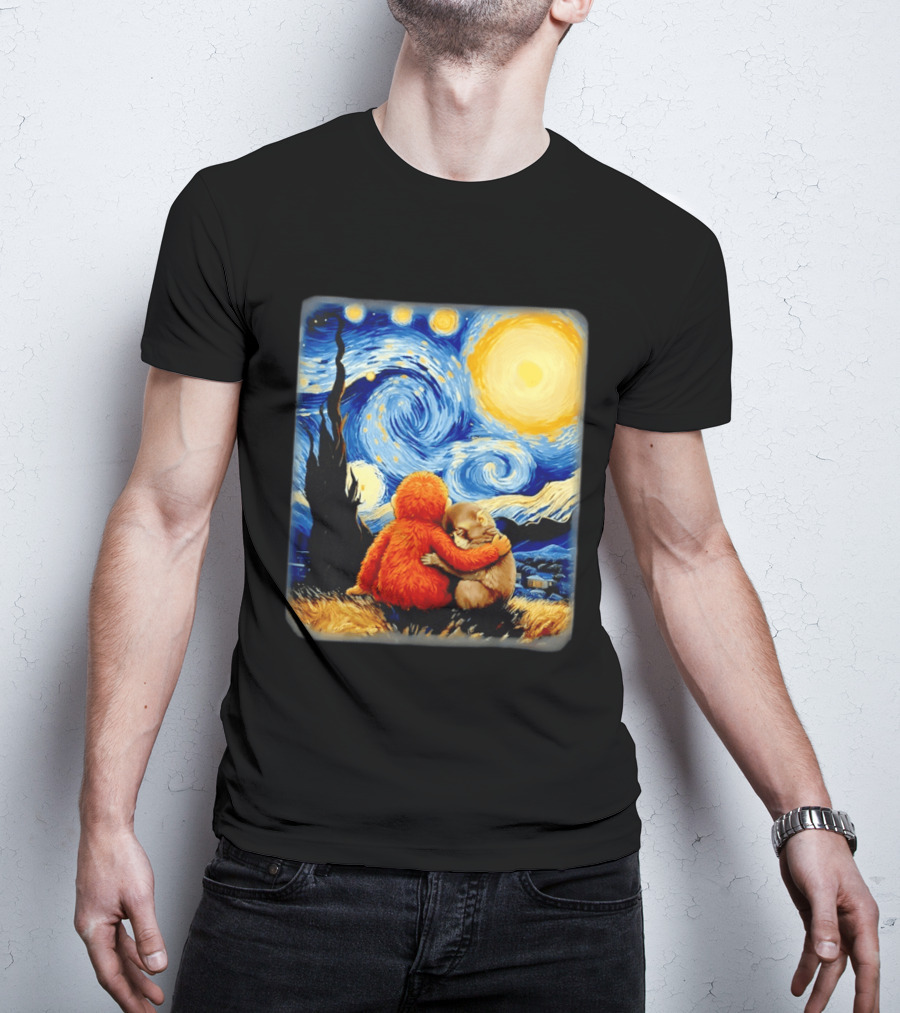 Punch Kun Panchi Kun Van Gogh Monkey Punch Starry Night Hugging Scene T-Shirt
