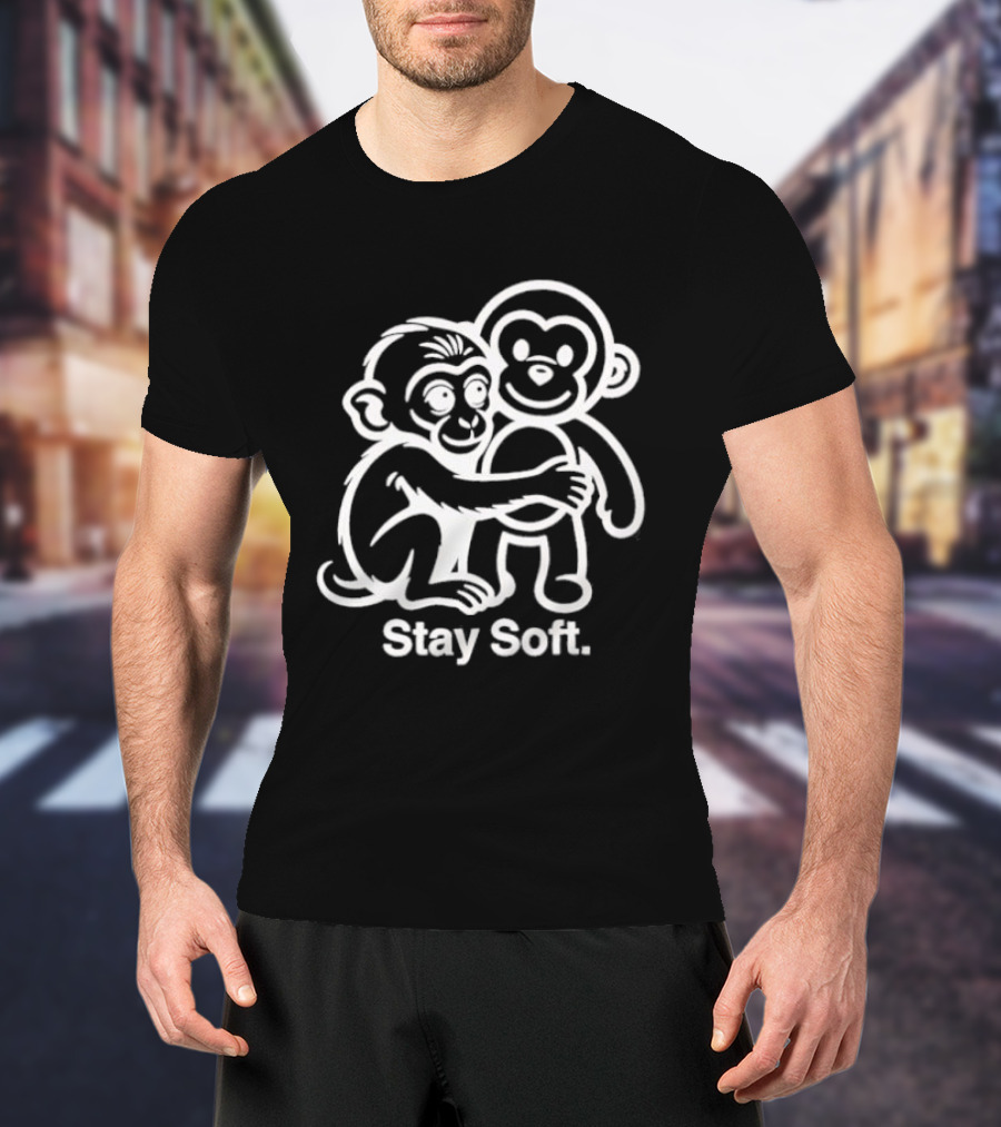 Stay Soft Monkey Hugging Monkey White Line T-Shirt