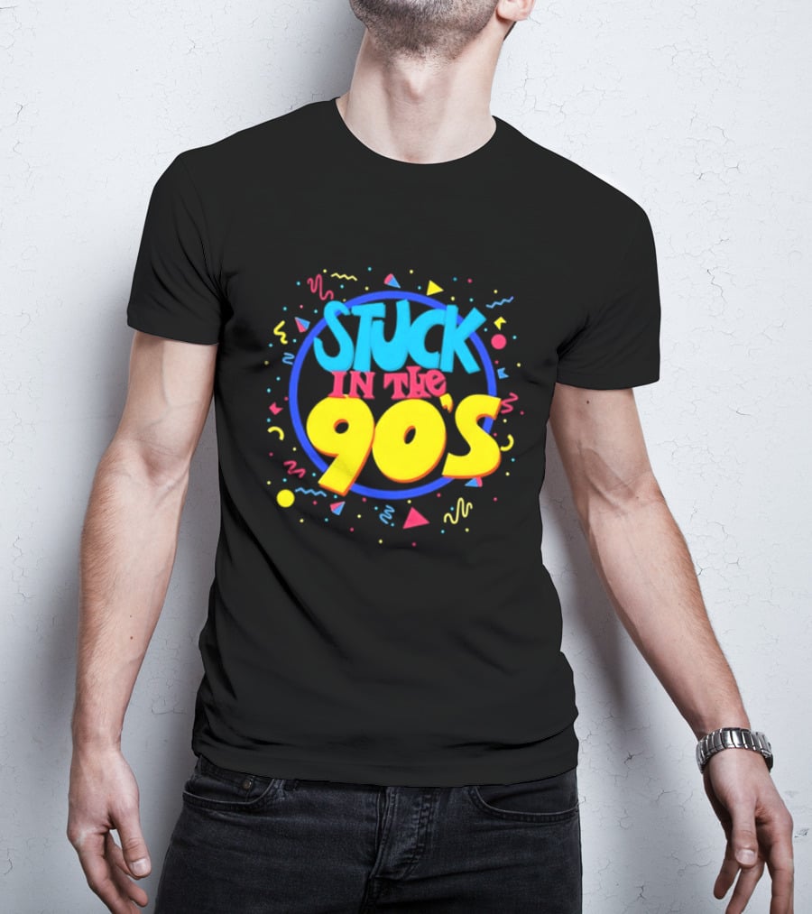 Stuck In The 90s Colorful Retro Vibes With Bold Typography And 90s T-Shirt