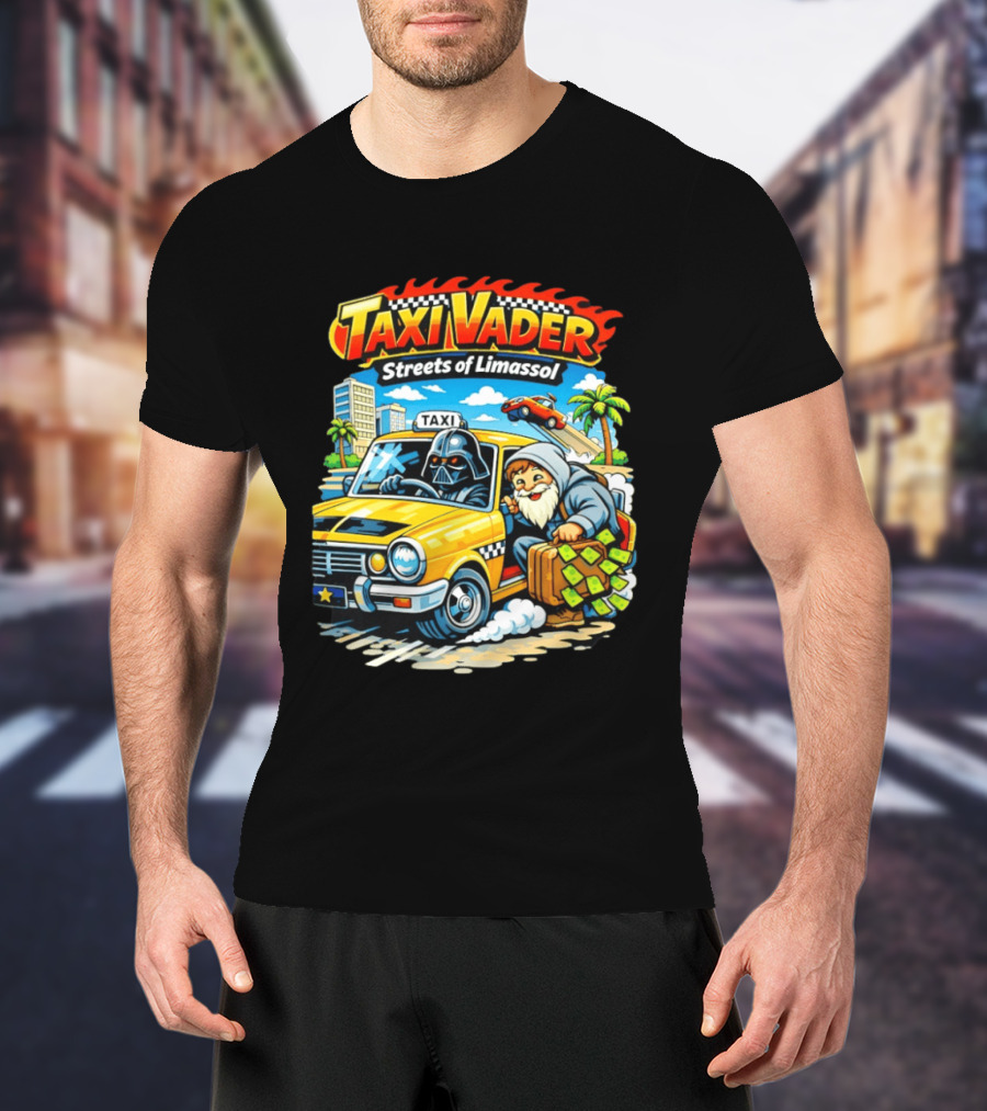 Taxi Vader Streets Of Limassol Adventure With Iconic Characters And Yellow Cab In Cityscape T-Shirt