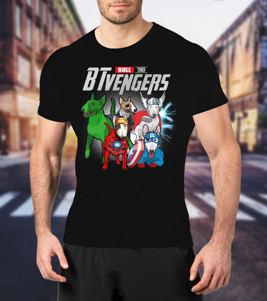 Bull Terrier BTvengers Superhero Dogs Ensemble T-Shirt