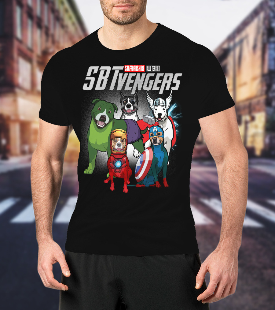 Staffordshire Bull Terrier SBTvengers Superhero Dogs T-Shirt