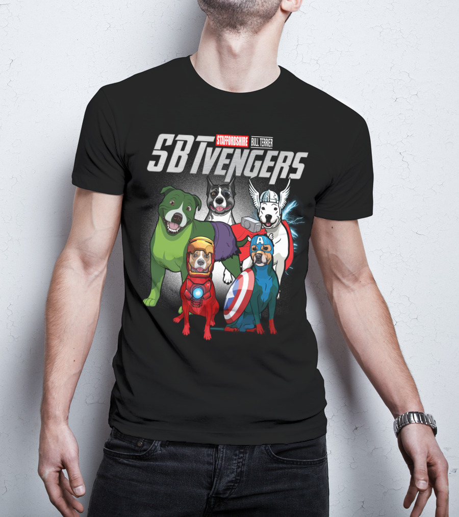 Staffordshire Bull Terrier SBTvengers Superhero Dogs T-Shirt