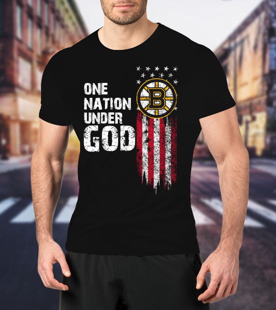 One Nation Under God Boston Bruins American Flag Stars Stripes T-Shirt