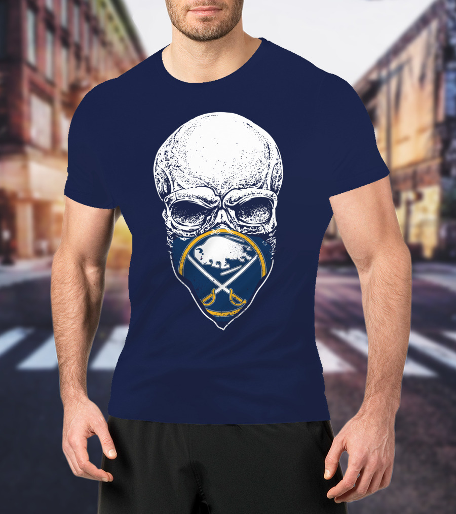 Buffalo Sabres Skull Mask Emblem With Crossed Sabres And Buffalo Silhouette T-Shirt