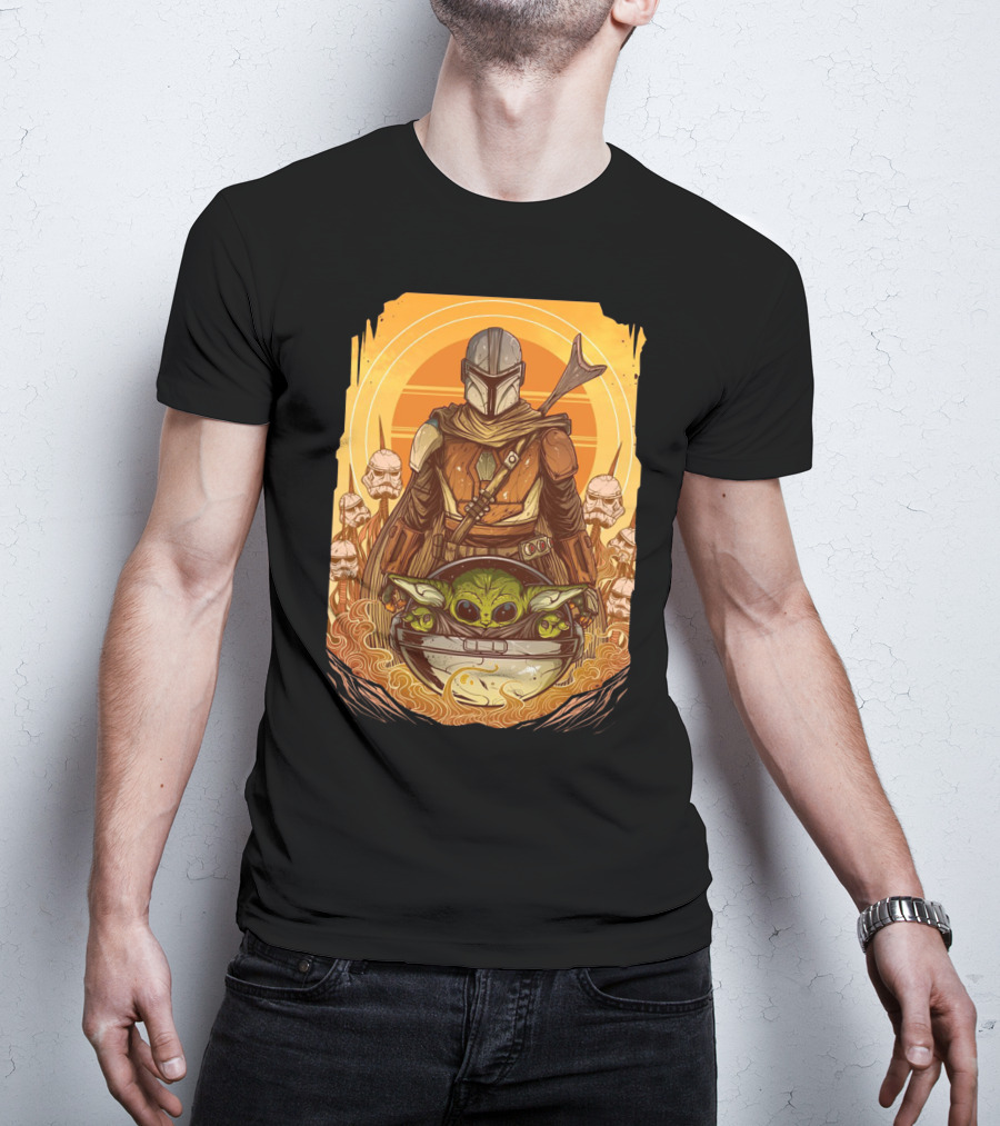 Mandalorian And Baby Yoda With Stormtroopers And Orange Sunset Scene T-Shirt