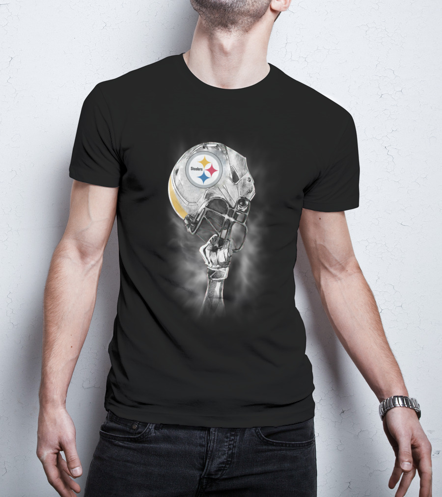 Pittsburgh Steelers Metallic Football Helmet With Steelworker’s Arm Raised High T-Shirt