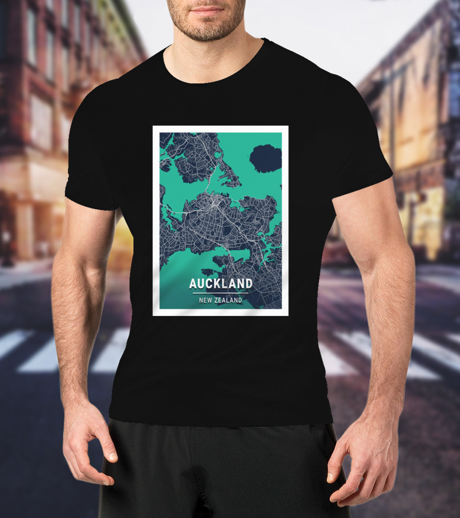 Auckland New Zealand City Map In Blue And Green Outlined T-Shirt