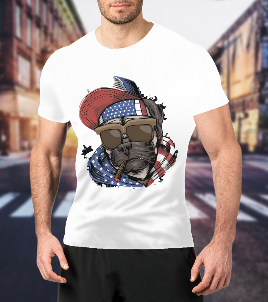 Pit Bull Boss American Flag Sunglasses Bandana Cigar Cool Dog T-Shirt