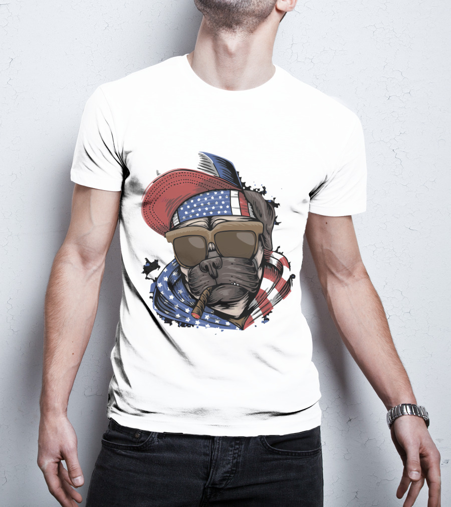 Pit Bull Boss American Flag Sunglasses Bandana Cigar Cool Dog T-Shirt