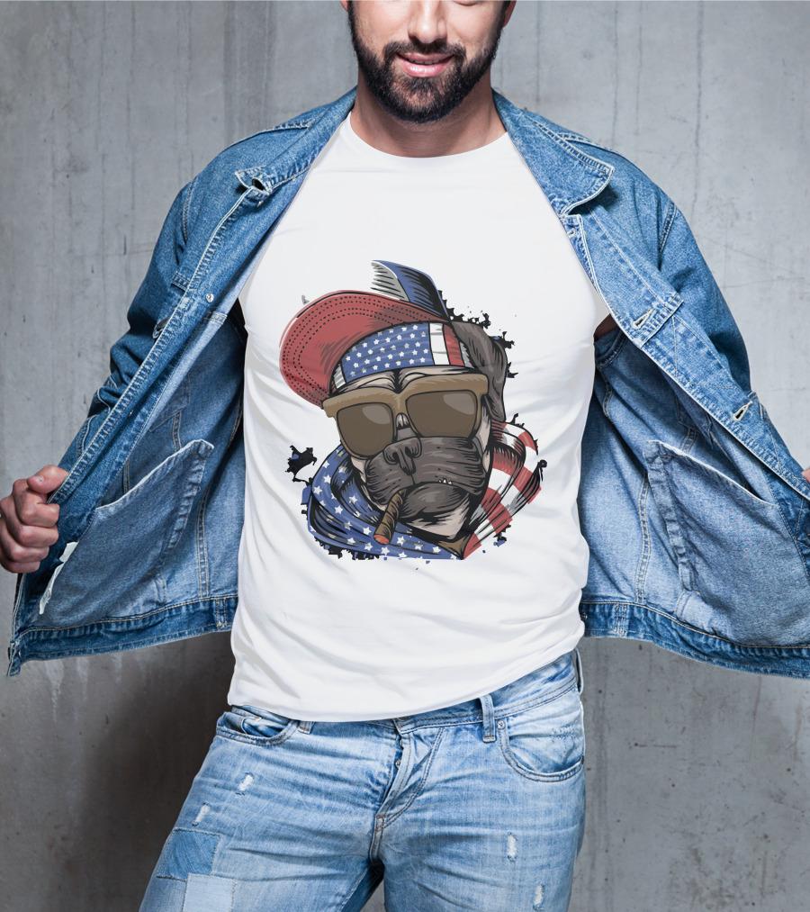 Pit Bull Boss American Flag Sunglasses Bandana Cigar Cool Dog T-Shirt