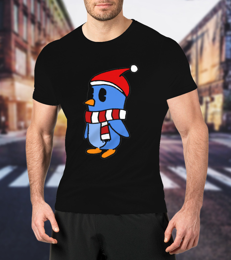 Crudely Handdrawn Pengu 763669 In Santa Hat With Red And White Scarf T-Shirt