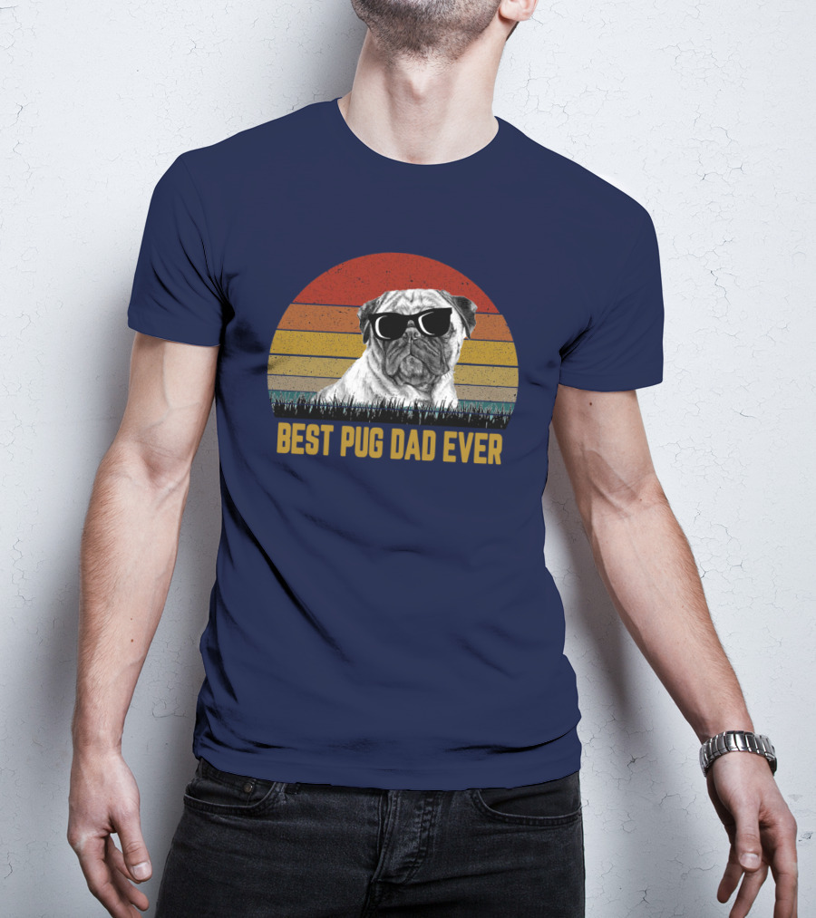 Best Pug Dad Ever Sunglasses Retro Sunset Background T-Shirt