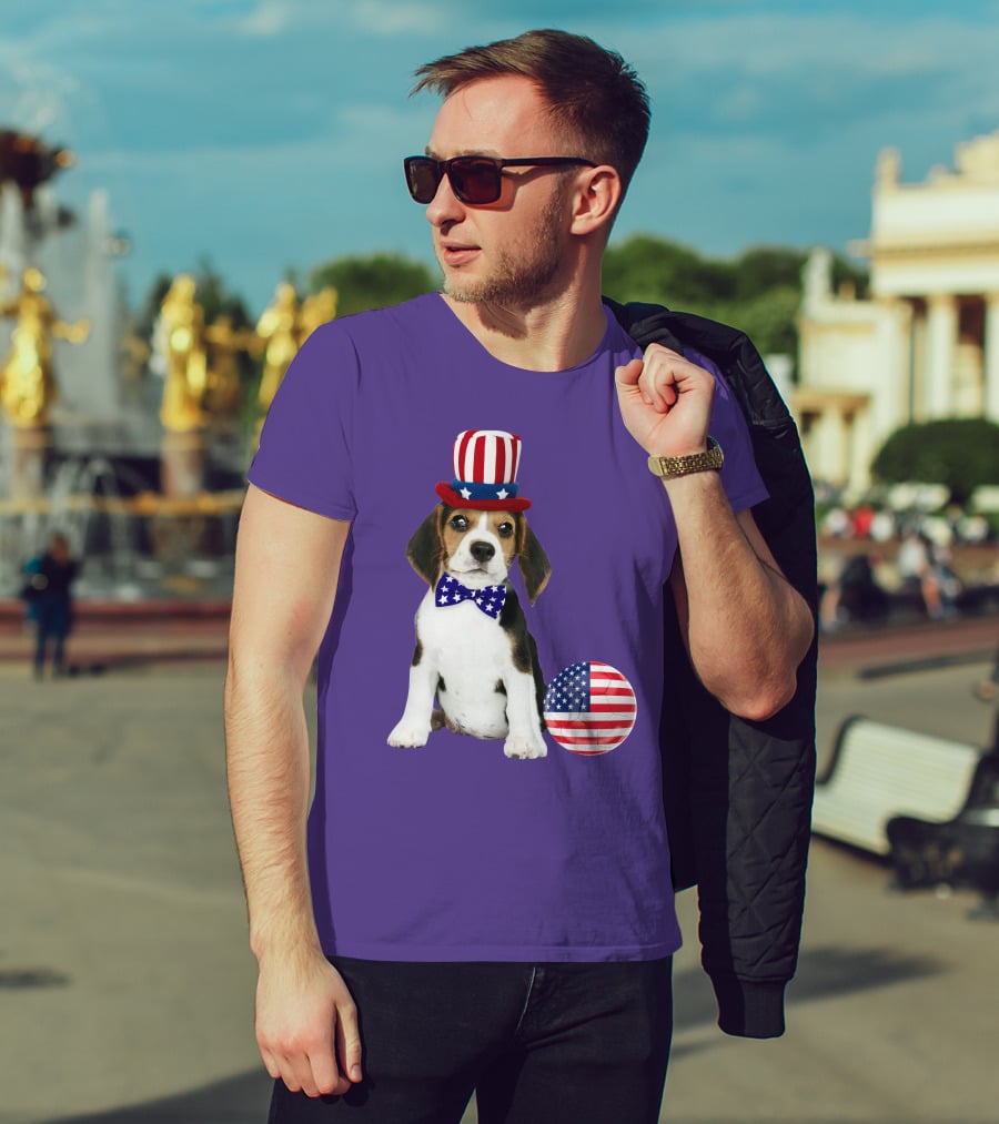 Patriotic Beagle With American Flag Hat And Bow Tie T-Shirt