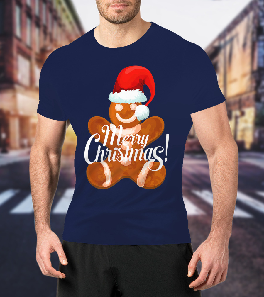 Merry Christmas Gingerbread With Santa Hat T-Shirt