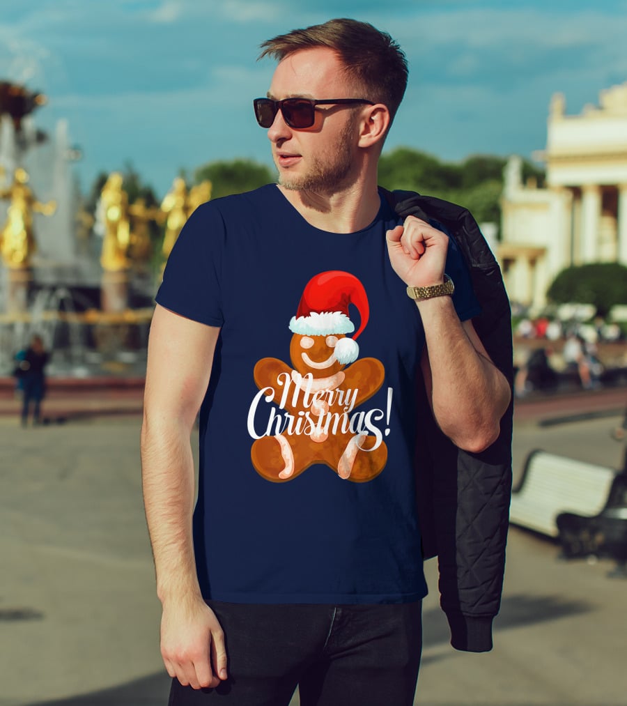Merry Christmas Gingerbread With Santa Hat T-Shirt