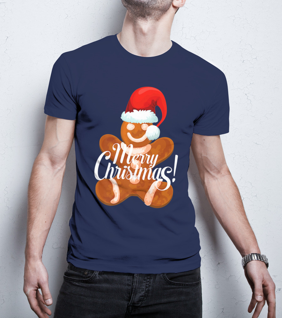 Merry Christmas Gingerbread With Santa Hat T-Shirt