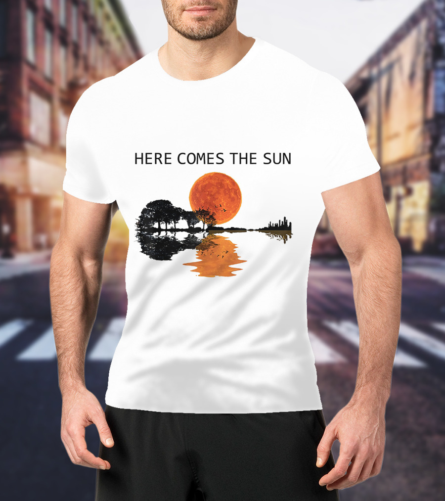 Here Comes The Sun Guitar Shadow Sunset Tree Reflection T-Shirt
