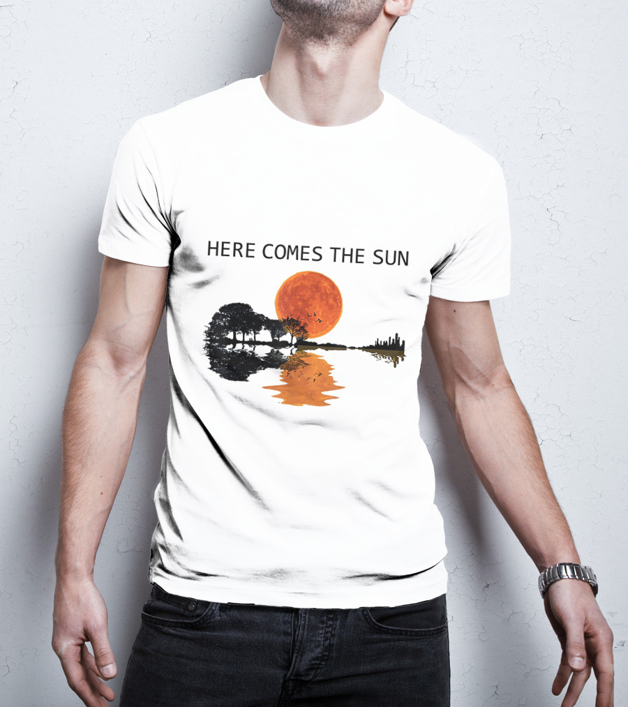 Here Comes The Sun Guitar Shadow Sunset Tree Reflection T-Shirt