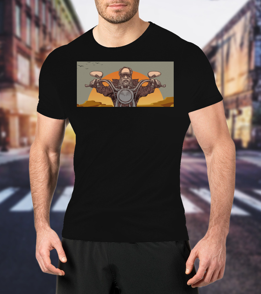 Biker Grandpa Riding Motorcycle At Sunset With Birds In Background T-Shirt