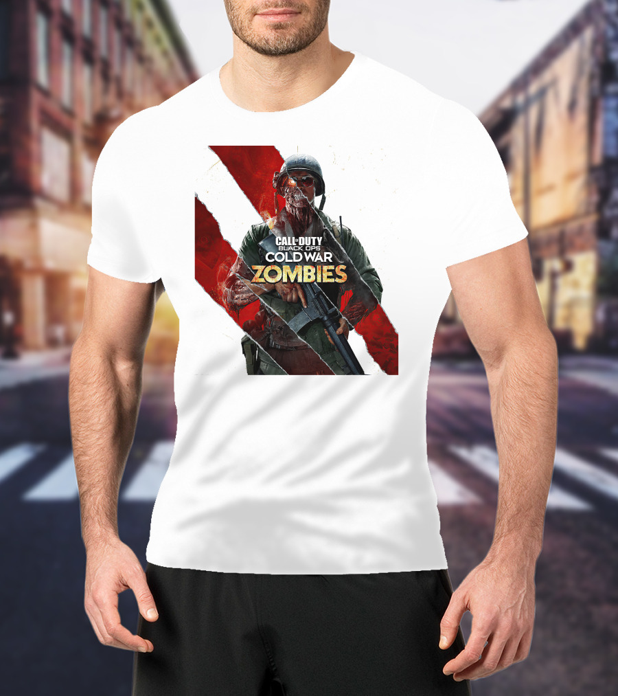Call Of Duty Black Ops Cold War Zombies Soldier With Gun And Red Torn Stripes T-Shirt