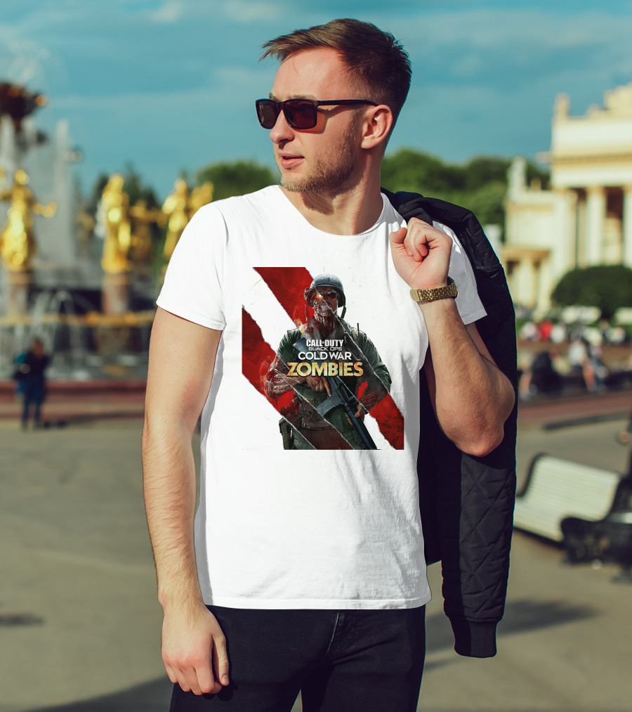 Call Of Duty Black Ops Cold War Zombies Soldier With Gun And Red Torn Stripes T-Shirt