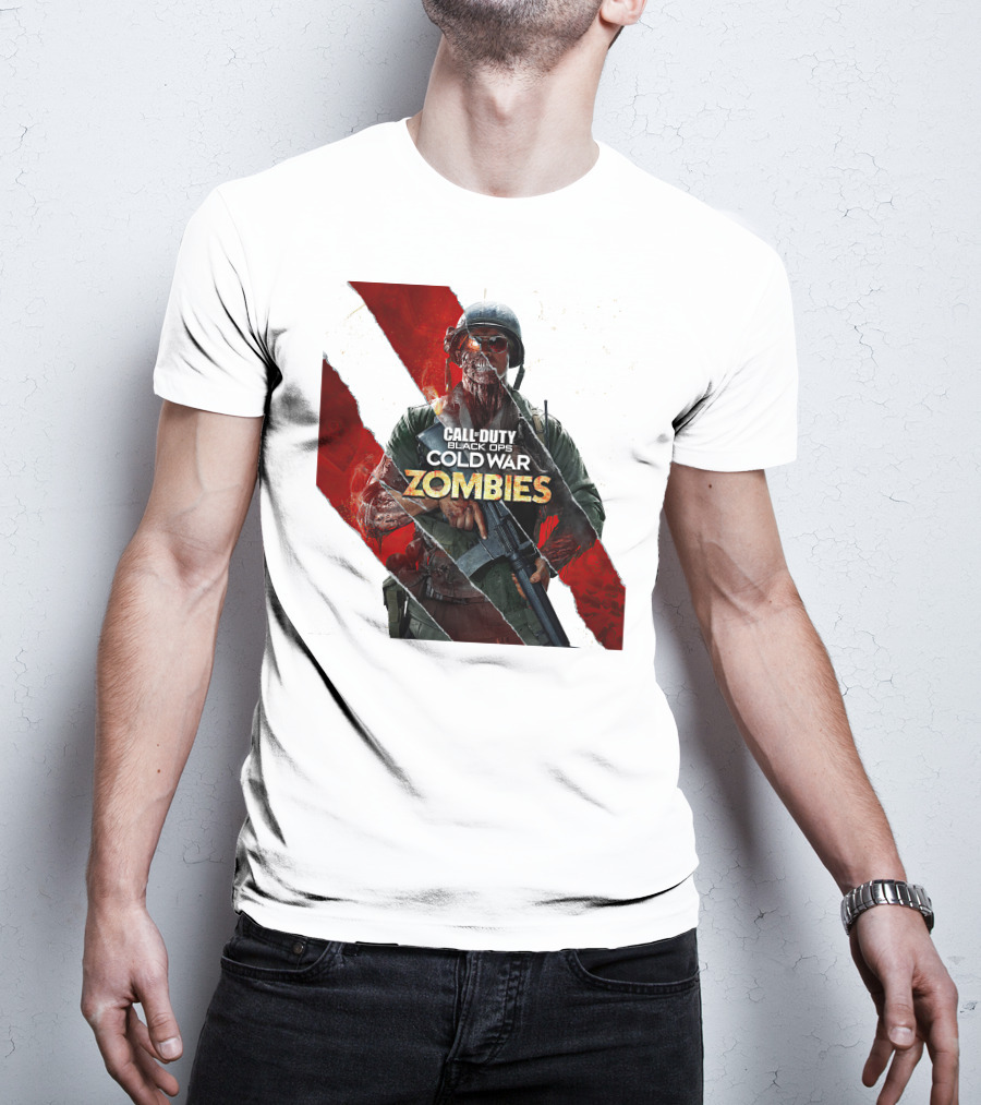 Call Of Duty Black Ops Cold War Zombies Soldier With Gun And Red Torn Stripes T-Shirt
