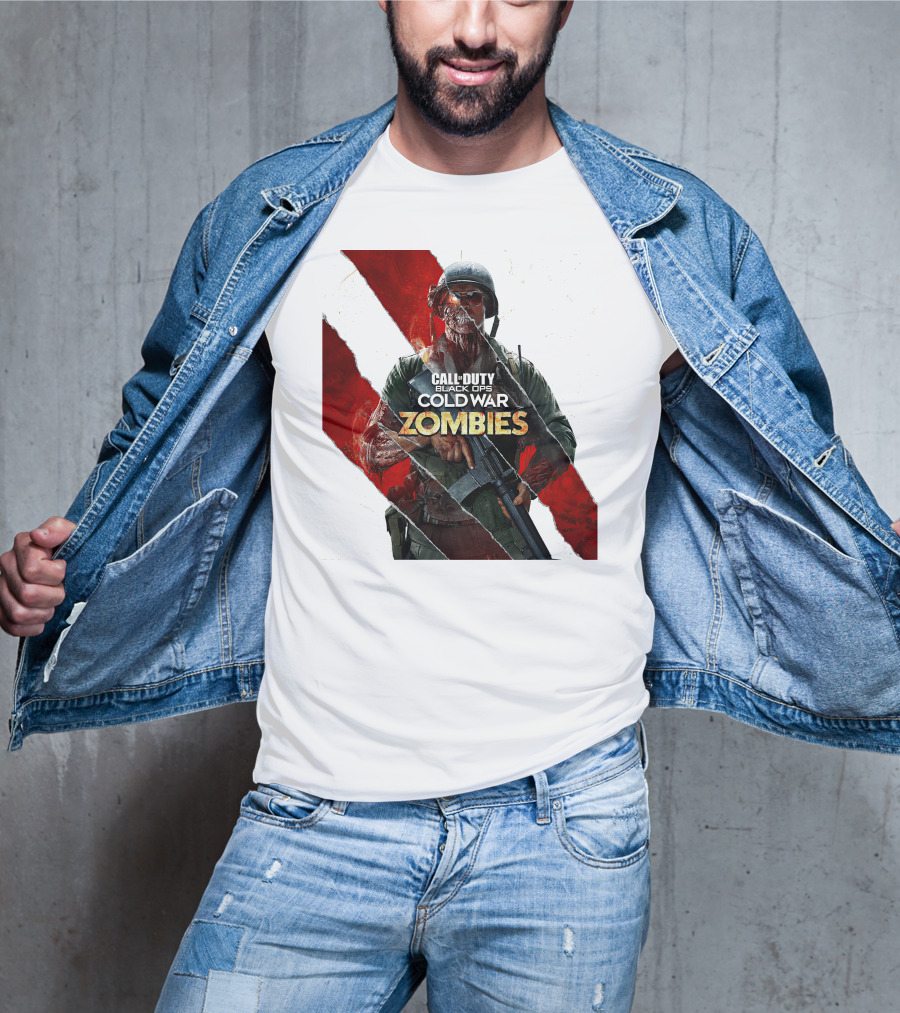 Call Of Duty Black Ops Cold War Zombies Soldier With Gun And Red Torn Stripes T-Shirt