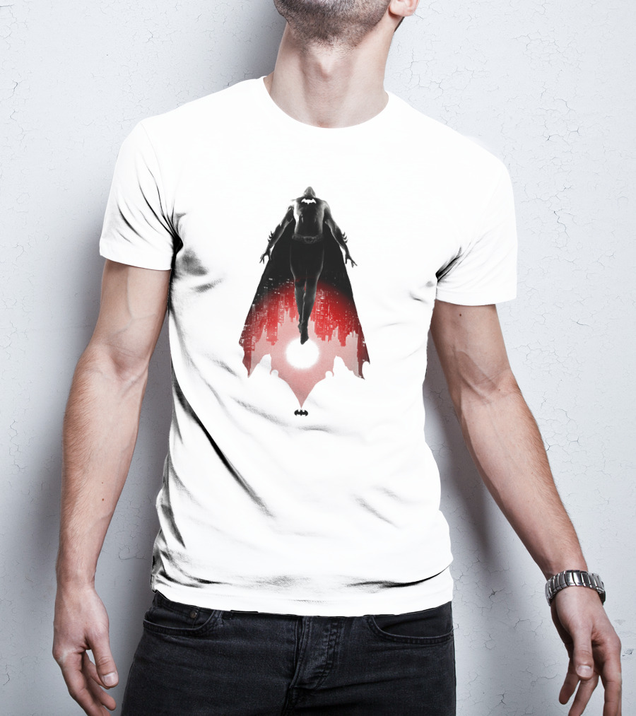 Batman Rising Over Gotham City Silhouette Red And Black T-Shirt