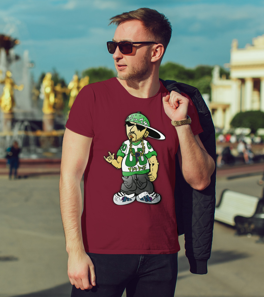 HipHop Cartoon Character With UP The Posse On Green Snapback And Chain T-Shirt