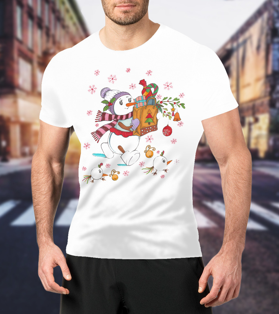 Festive Snowman With Gift Bag And Holiday Decorations T-Shirt